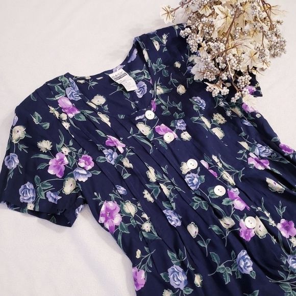 VINTAGE Basic Editions Med Navy Blue W/ Purple Flowers Button front Romper - Picture 9 of 16